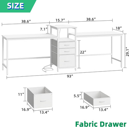 93'' Two Person Desk with Charging Station, Long Desk with 3 Drawers and Printer Shelf, Double Computer Desk, 2 Person Writing Study Table Workstation for Home Office, White