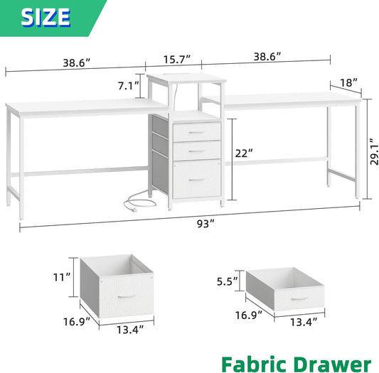 93'' Two Person Desk with Charging Station, Long Desk with 3 Drawers and Printer Shelf, Double Computer Desk, 2 Person Writing Study Table Workstation for Home Office, White