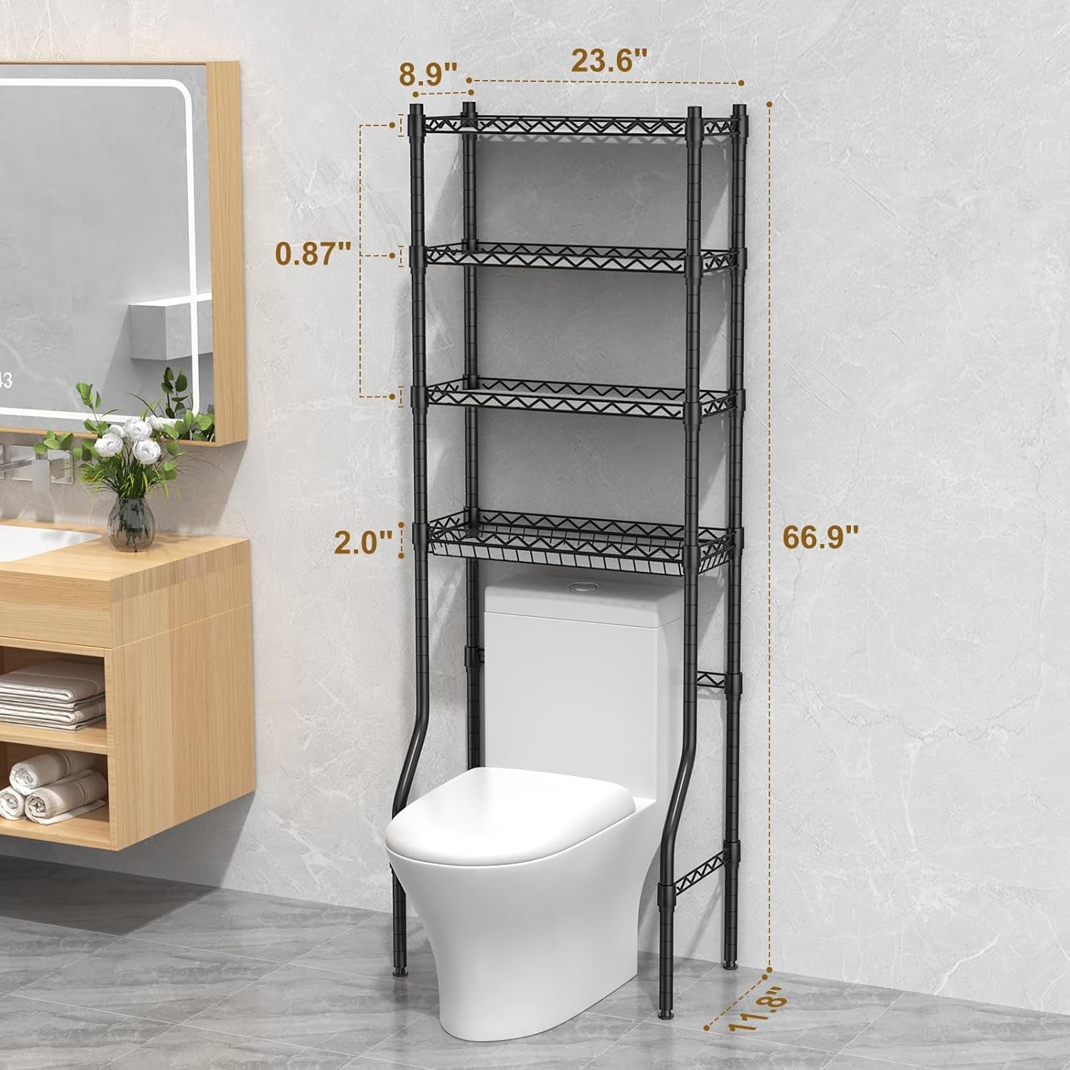 4 Tier over the Toilet Storage Rack, Bathroom Organizers and Storage over Toilet with Adjustable Shelf and Basket, above Toilet Storage Bathroom Cabinet for Small Space (Black)