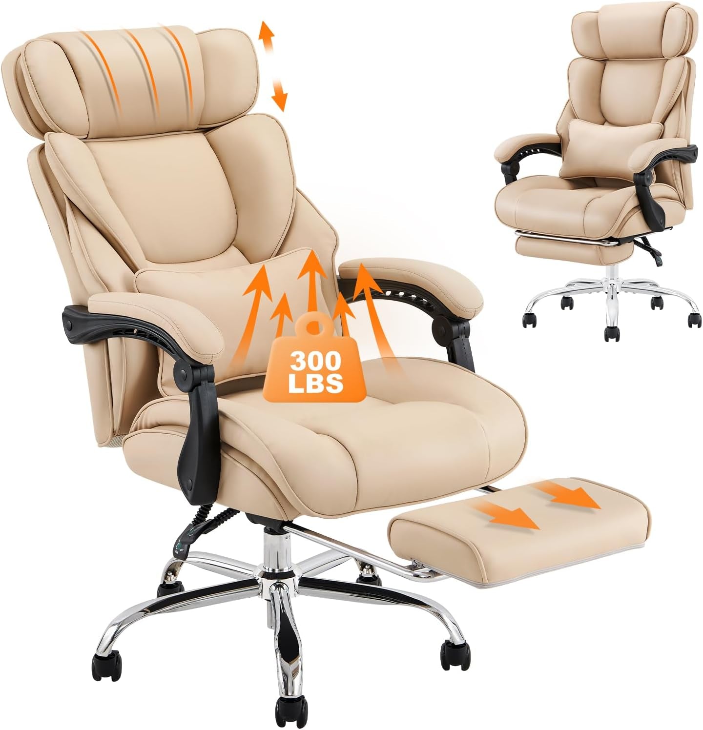 Office Chair with Retractable Footrest, Ergonomic High Back Design Executive Computer Desk Chair with Removable Lumbar Pillow, 90-135°Reclining, Thick Bonded Leather for Home Office Work, Khaki