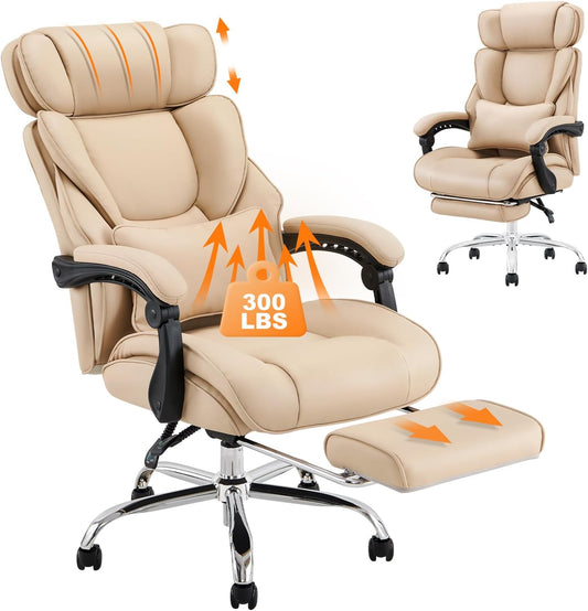 Office Chair with Retractable Footrest, Ergonomic High Back Design Executive Computer Desk Chair with Removable Lumbar Pillow, 90-135°Reclining, Thick Bonded Leather for Home Office Work, Khaki