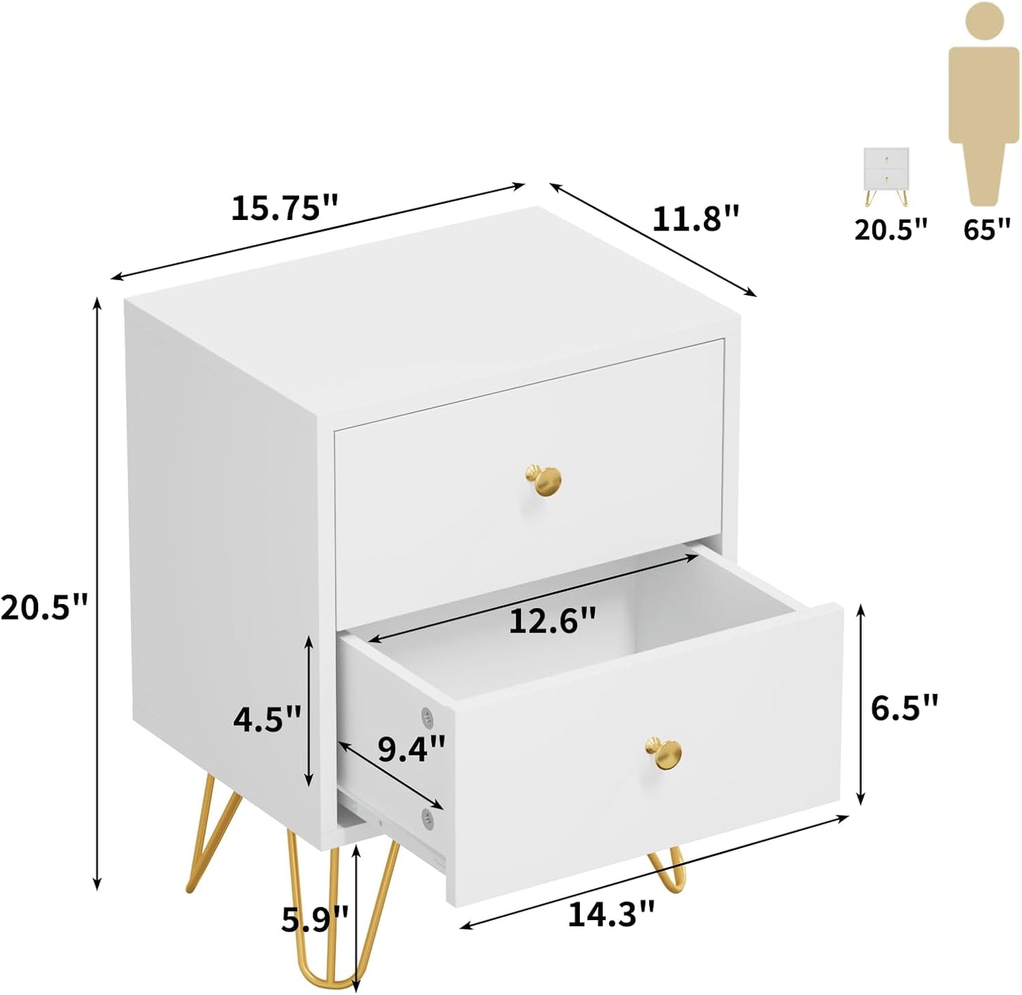 Nightstand Set of 2, End Side Table Double, Bedside Table with 2 Drawers, Dual Night Stand Metal Legs and Knobs for Bedroom Living Room (White)