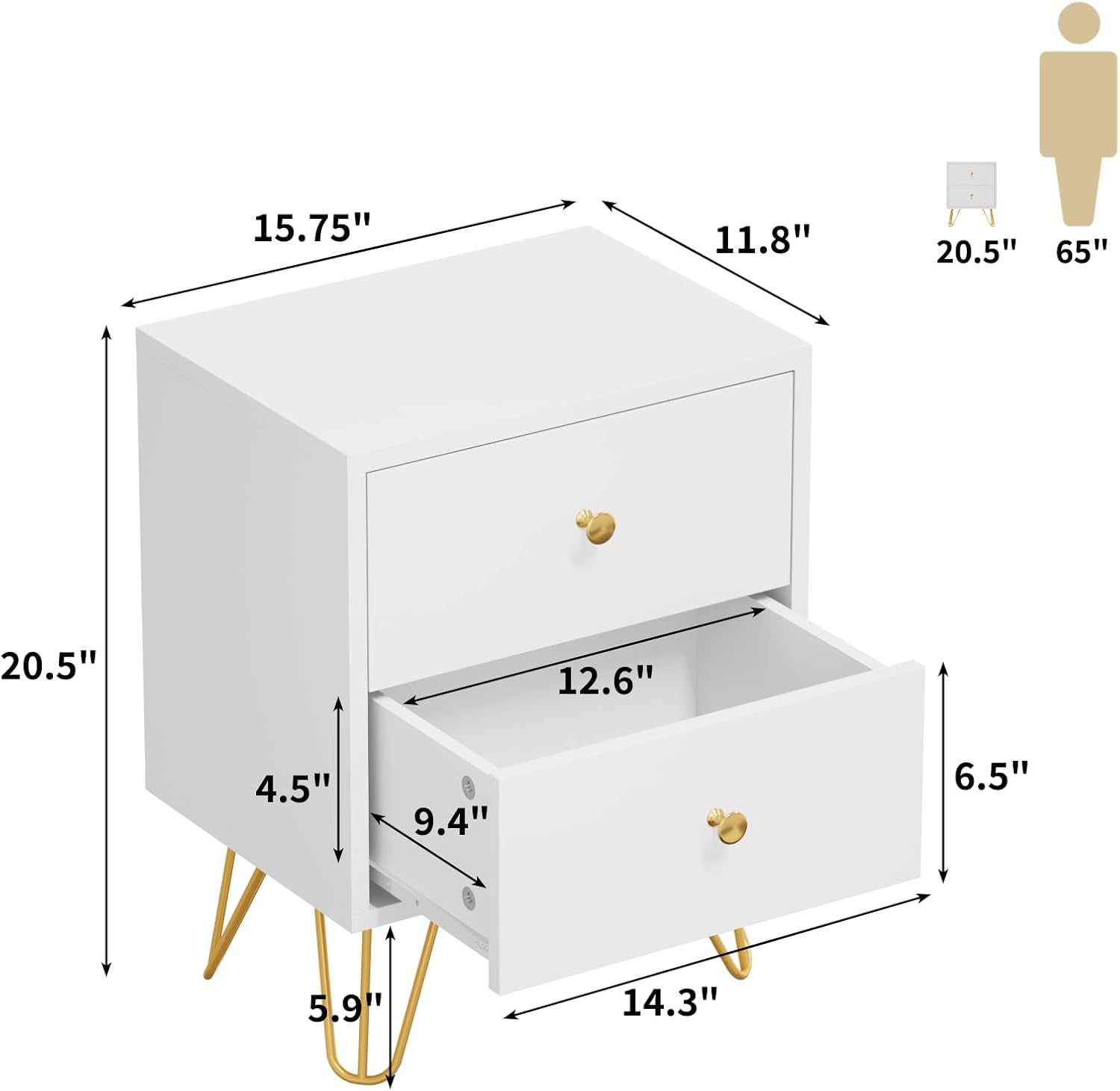 Nightstand Set of 2, End Side Table Double, Bedside Table with 2 Drawers, Dual Night Stand Metal Legs and Knobs for Bedroom Living Room (White)