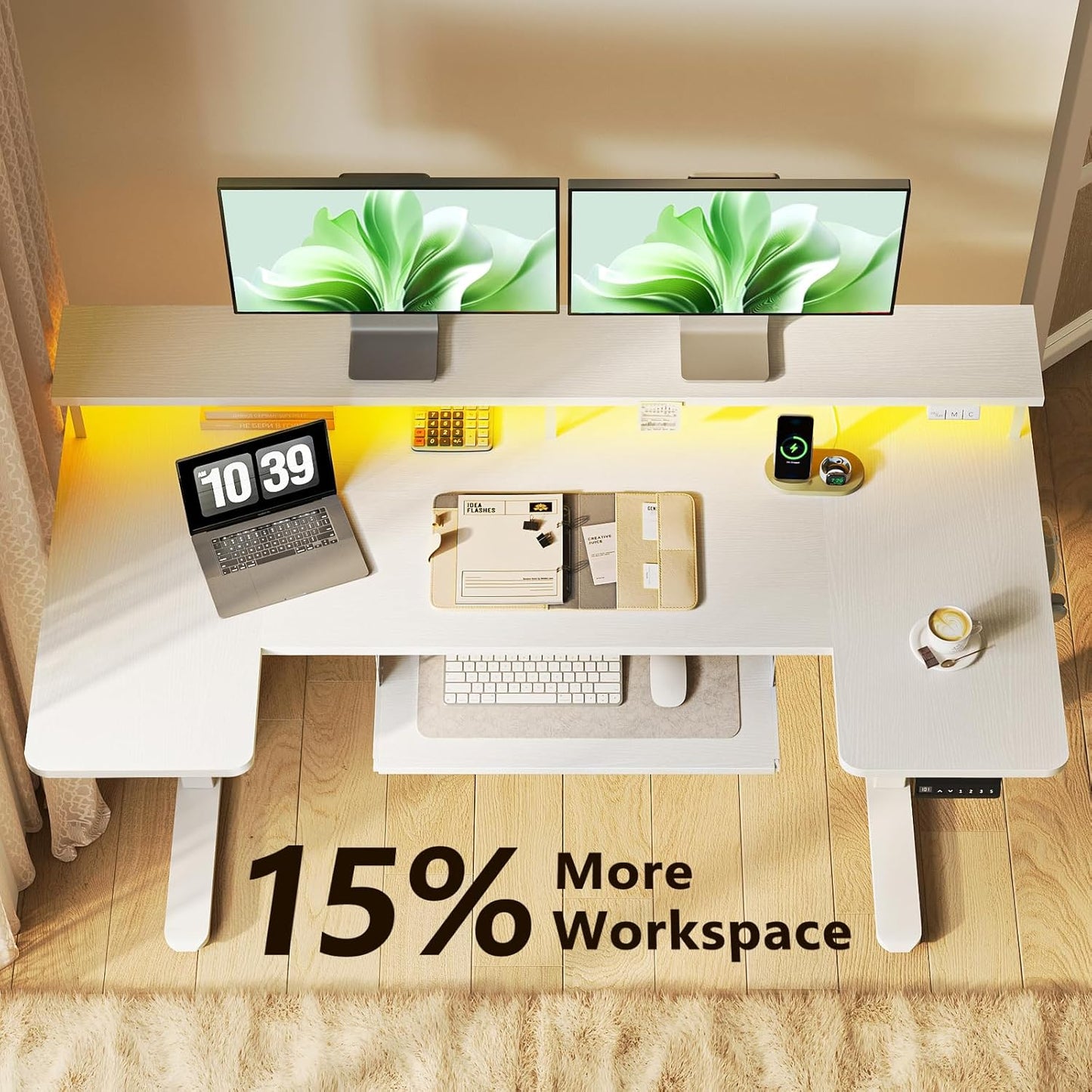 U Shaped Electric Standing Desk with Keyboard Tray, 55 Inch Height Adjustable Desk with Power Outlets & LED Lights, Sit Stand Table with Monitor Stand for Home, Office, White