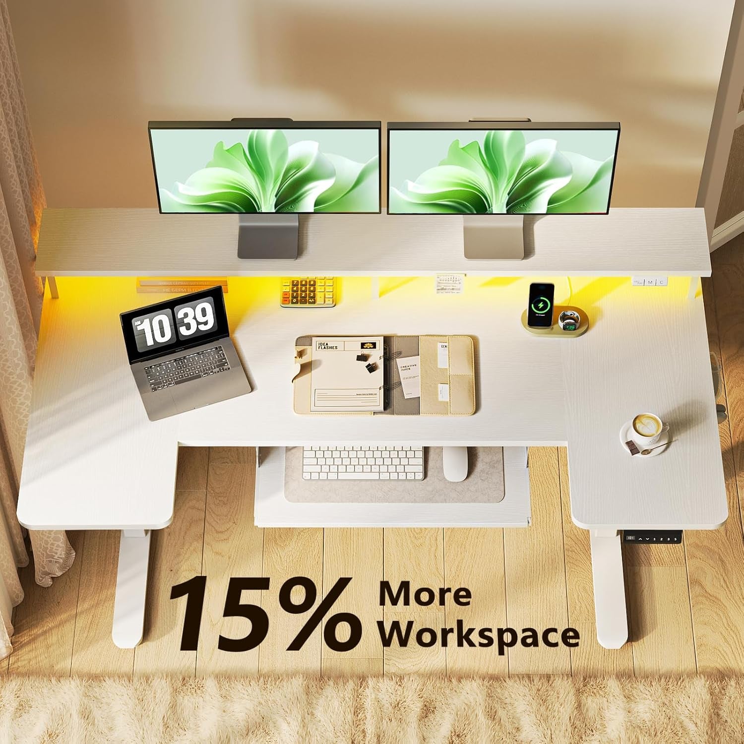 U Shaped Electric Standing Desk with Keyboard Tray, 55 Inch Height Adjustable Desk with Power Outlets & LED Lights, Sit Stand Table with Monitor Stand for Home, Office, White