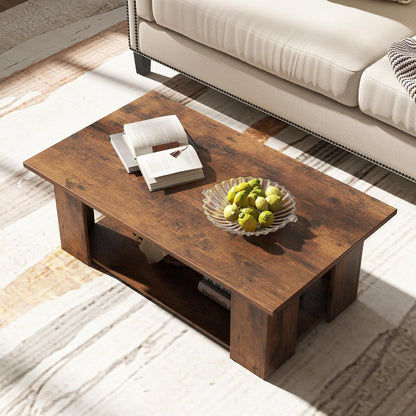 2-Tier Coffee Table, Modern Rectangular Center Cocktail Table with 5 Support Legs, Wooden Accent Living Room Furniture, Small Coffee Table for Small Spaces, Easy Assembly (Rustic Brown)