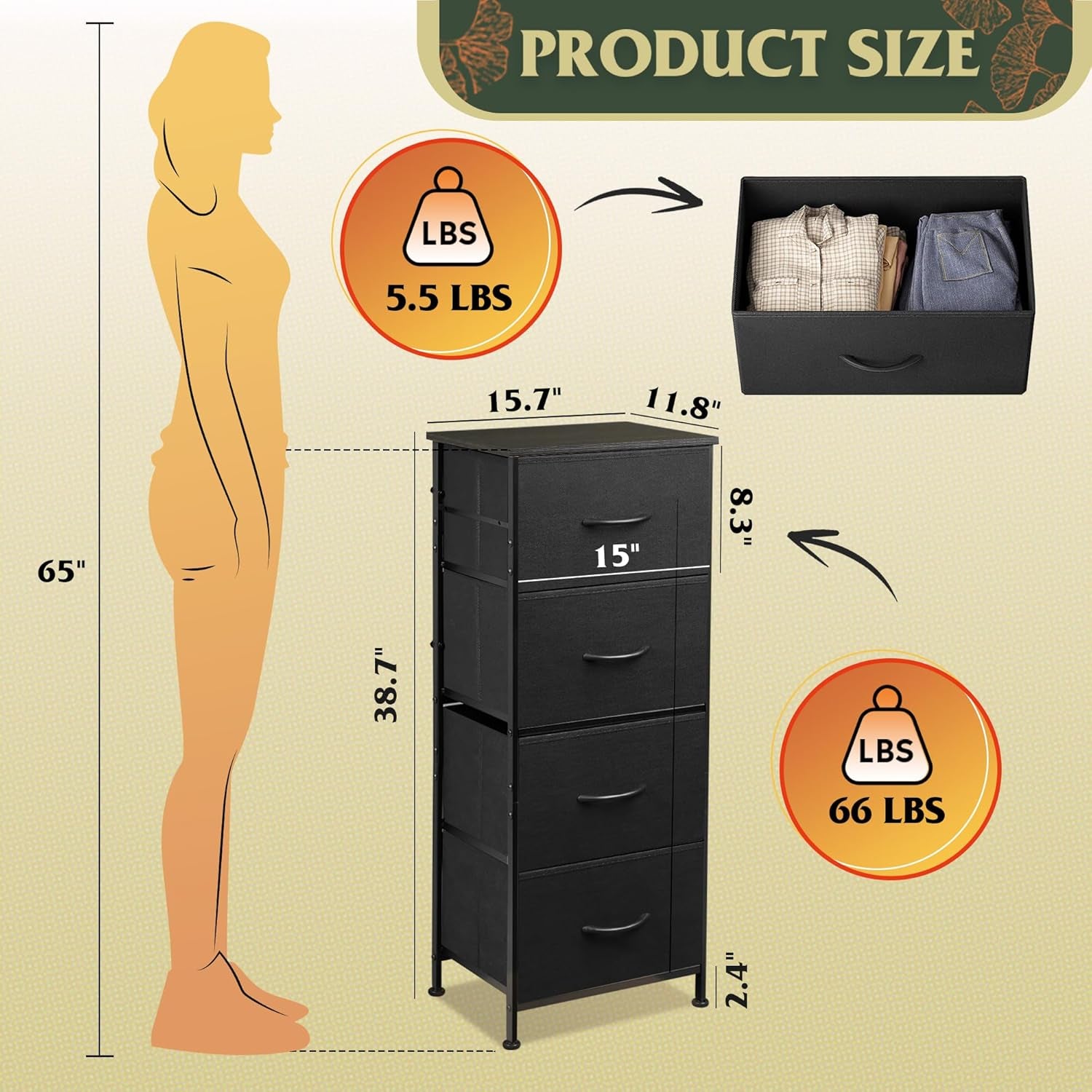 Dresser with 4 Drawers, Fabric Storage Tower, Organizer Unit for Bedroom, Hallway, Entryway, Closets, Sturdy Steel Frame, Wood Top, Easy Pull Handle, Charcoal Black