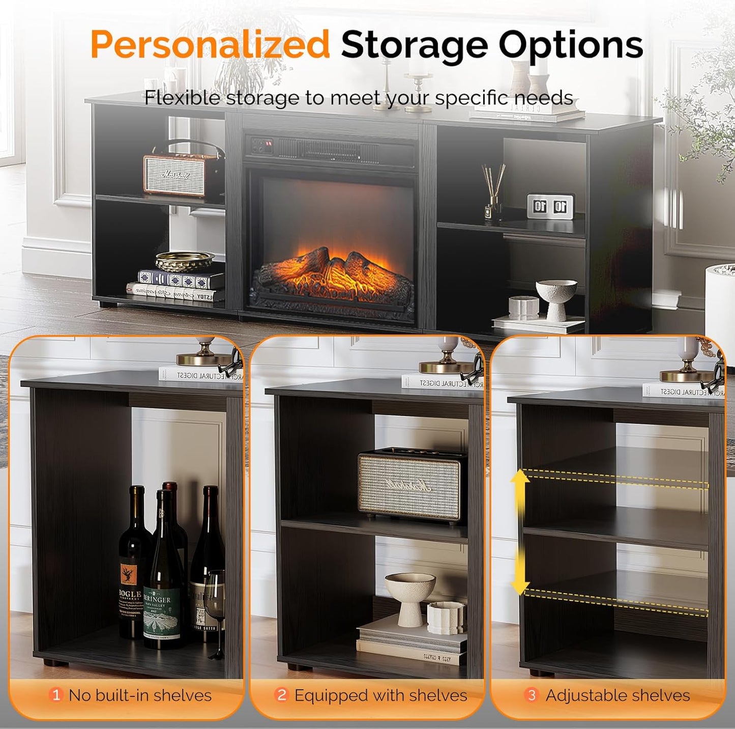 Fireplace TV Stand for up to 70 Inch Tvs, Modern Entertainment Center with Electric Fireplace Heater & Two Open Adjustable Shelves, Fireplace Media Console Table for Living Room, Black