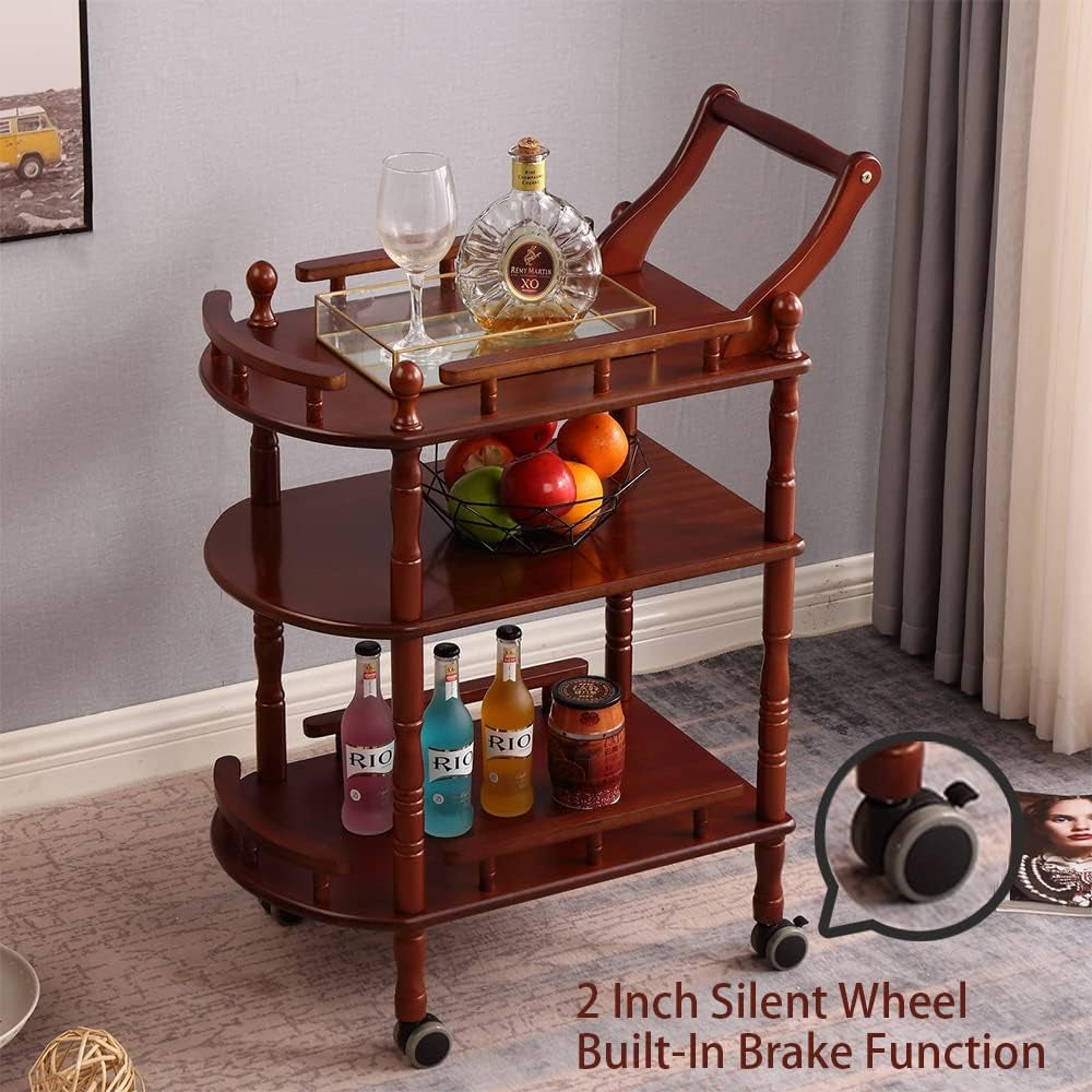 Entertainment Kitchen Cart, Midcentury Modern Imported Rubberwood Brown Finished Wood 3-Tier Mobile Bar Cart Serving Cart