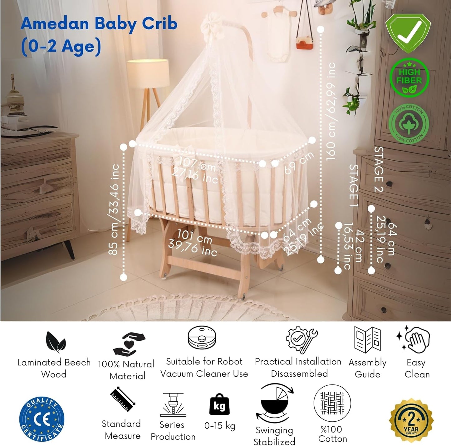 Wooden Baby Bassinet with Canopy, Natural Beech Cradle with Rocking & Locking Function, Includes 100% Cotton Bedding Set, Mattress, Pillow, Bumper, Mosquito Net, Baby Crib for Newborn to 24 Months