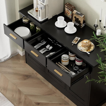 Buffet Cabinet with Storage - Buffets & Sideboards Kitchen Storage Cabinet, Wood Console Table Coffee Bar Accent Cabinets for Living Room Dining Room Entryway Large 3 Doors & Drawers, Black