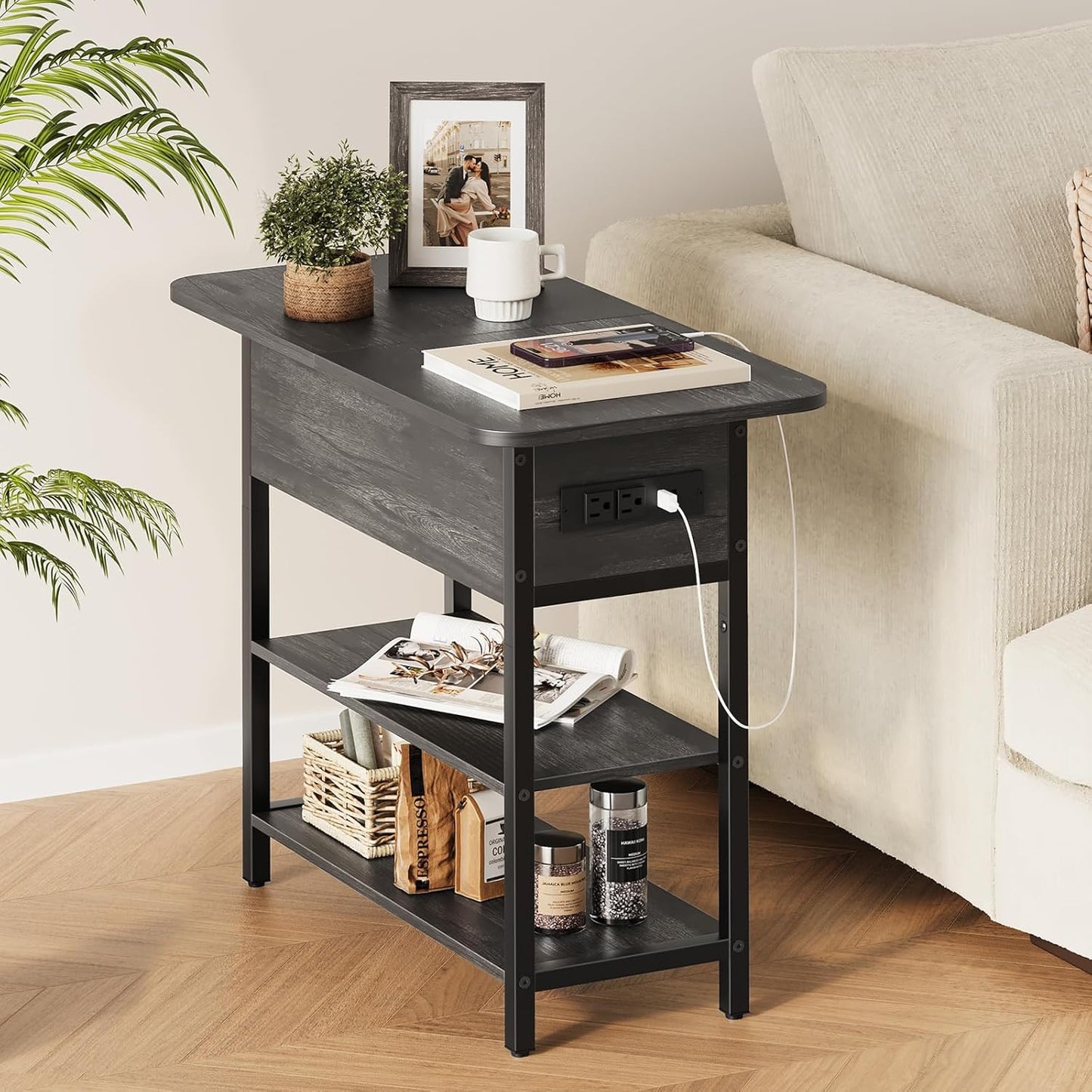 End Table with Charging Station, Flip Top Side Table with USB Ports and Outlets, Sofa Couch Table Bedside Table for Living Room Bedroom, Narrow Nightstand with Storage Shelves for Small Space