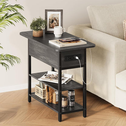 End Table with Charging Station, Flip Top Side Table with USB Ports and Outlets, Sofa Couch Table Bedside Table for Living Room Bedroom, Narrow Nightstand with Storage Shelves for Small Space