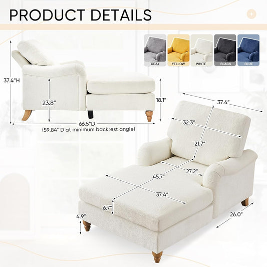 Chaise Lounge Chair with Adjustable Backrest, Modern Upholstered Chenille Leisure Sofa Recliner, Sleeper Chair Bed with Rolled Arm for Indoor, Bedroom, Living Room, Study Room, Office, Beige