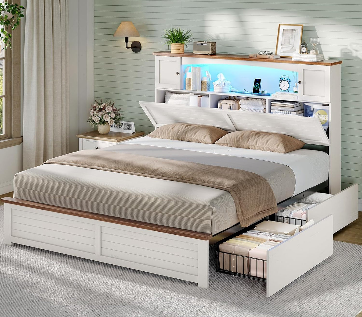 Farmhouse Bed Frame Full Size with Bookcase and Storage Cabinets Headboard, Wood Platform Bed with LED Lights, Charging Station, 4 Drawers, Decoration Footboard, No Box Spring Needed, White