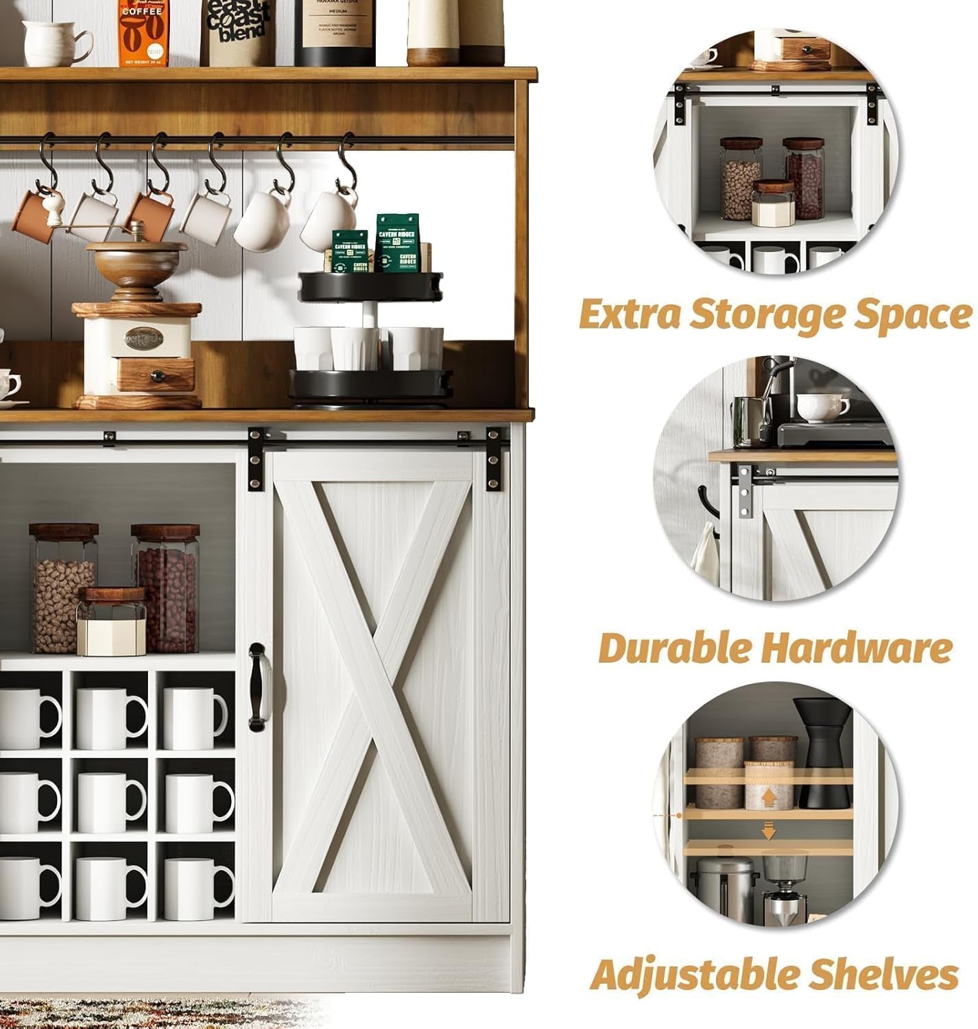 Farmhouse Coffee Bar Cabinet with Hutch, 47 Inch Buffet Cabinet with Storage, White Wine Bar with 9 Wine Racks and 6 Hooks, Coffee Bar Table with Adjustable Shelves for Living Dining Room