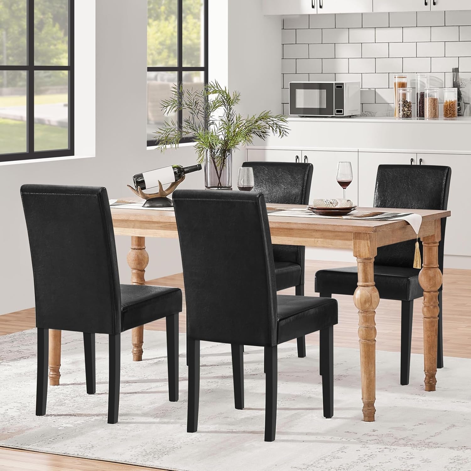 Dining Chairs Set of 4 PU Leather Upholstered Parsons Dining Chairs with Solid Wood Legs for Kitchen/Living Room/Restaurant, Modern Style, Black