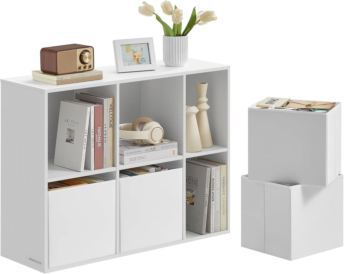 HOME Bookshelf, Superfast Toolless Assembly, Cube Storage Organizer with 6 Compartments, Bookcase, 4 Fabric Drawers, 10.6 X 32.7 X 24.3 Inches, Natural Walnut and Ebony Black ULBC196B01