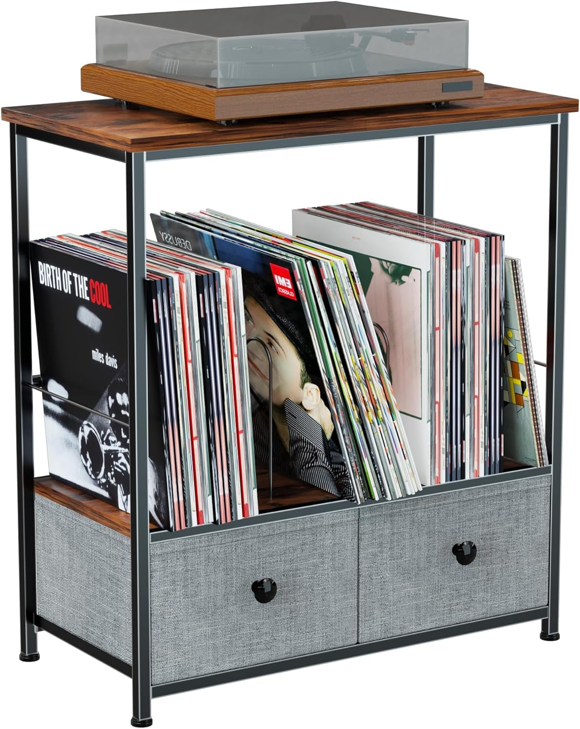 Record Player Stand with Vinyl Storage, 2-Tier Record Shelf Table with Fabric Drawer, Holds up to 110 Vinyl Records, Record Player Table for Turntable and Albums, 23.62"D × 11.81" W× 25.59"H