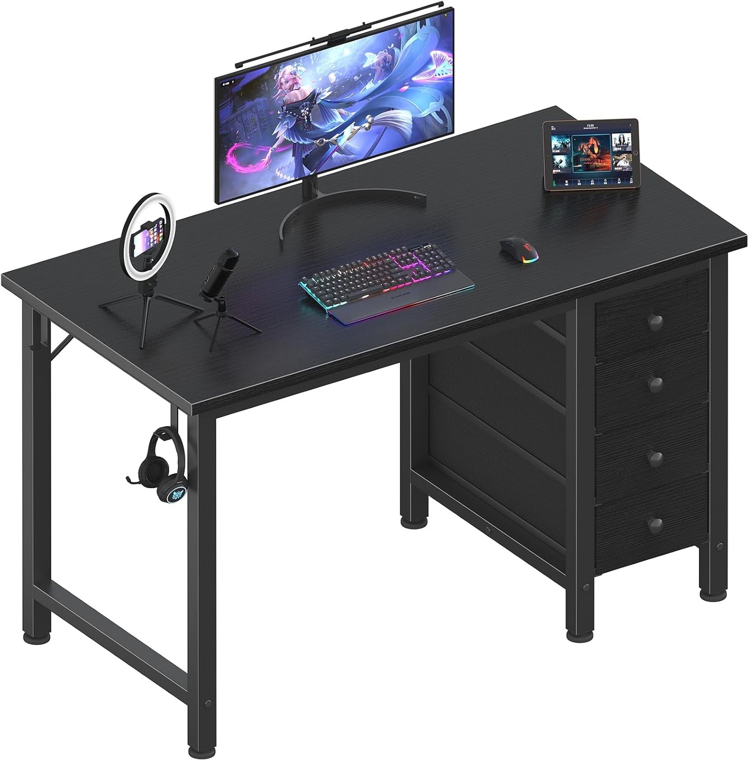 Small Gaming Desk with 4 Fabric Drawers, 40 Inch Kids Girls Teen Cute Study Desk for Bedroom, Reversible Work Computer Writing Table Desks for Small Space Home Office, Black
