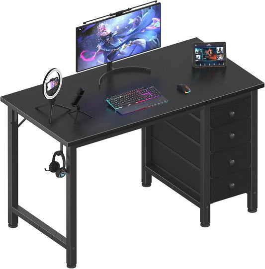 Small Gaming Desk with 4 Fabric Drawers, 40 Inch Kids Girls Teen Cute Study Desk for Bedroom, Reversible Work Computer Writing Table Desks for Small Space Home Office, Black