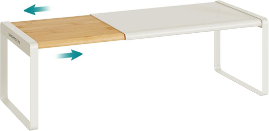 Spice Rack, Expandable Cupboard Shelf Orgnizer, Kitchen Counter Shelf, Bamboo and Metal, Space-Saving Shelving, Stackable, Light Bamboo and Cream White UKCS052W01