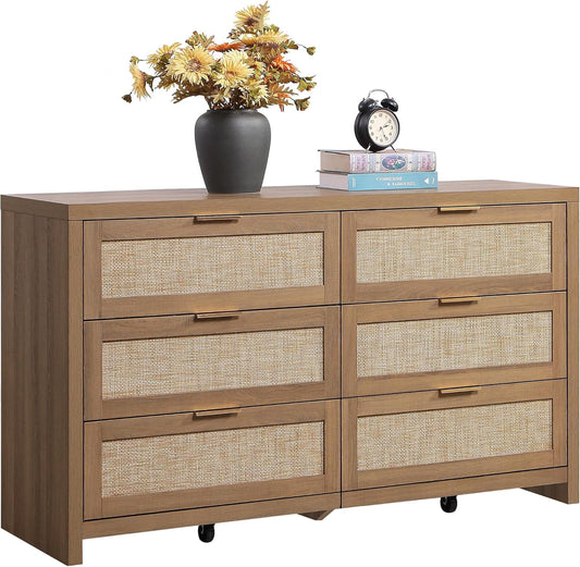 Rattan Dresser for Bedroom, 56.9" Wide 6 Drawer Dresser with Ample Storage, Dressers Large Chest of Drawers, Closet, Boho TV Stand for Bedroom (Reclaimed Caramel Oak, 1 Piece)