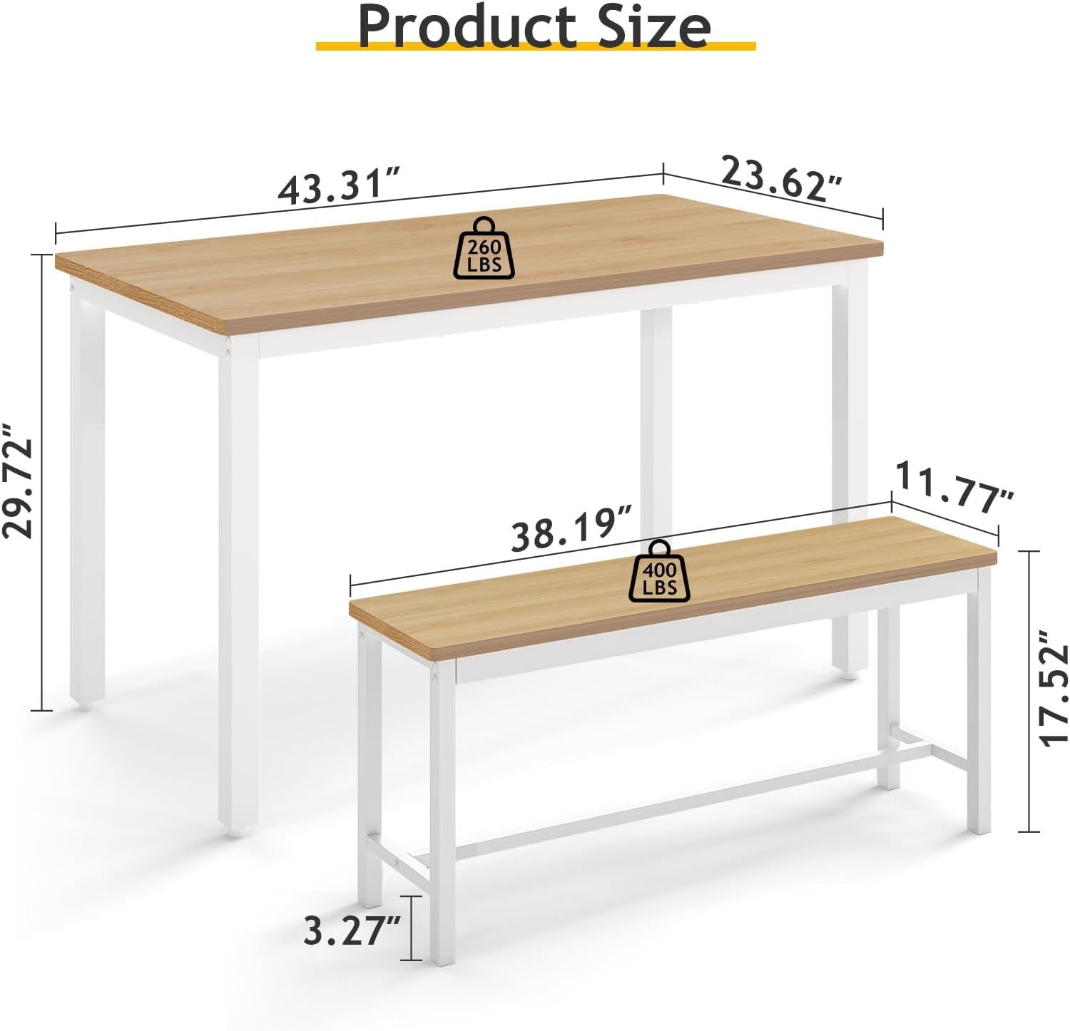 43" Dining Table Benches Set for 4, Modern Space Saving Kitchen Table Chairs & Adjustable Feet Breakfast Table 2 Benches, Wooden Industrial Style Farmhouse, White