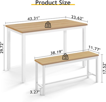 43" Dining Table Benches Set for 4, Modern Space Saving Kitchen Table Chairs & Adjustable Feet Breakfast Table 2 Benches, Wooden Industrial Style Farmhouse, White