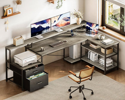 75" L Shaped Desk with File Drawers, Work from Home Office Desk with Power Outlet, Reversible Computer Desk with Storage Shelves, Gaming Desk with Monitor Shelf, Corner WFM Table, Grey Oak