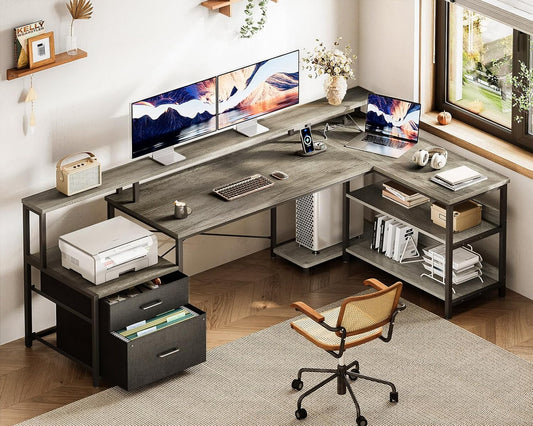 75" L Shaped Desk with File Drawers, Work from Home Office Desk with Power Outlet, Reversible Computer Desk with Storage Shelves, Gaming Desk with Monitor Shelf, Corner WFM Table, Grey Oak