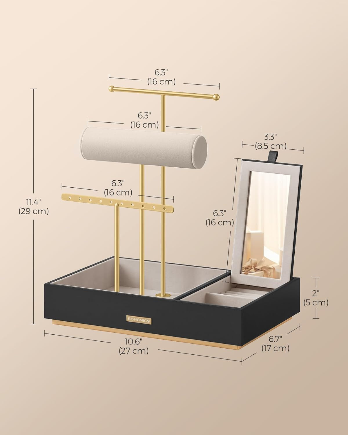 Jewelry Holder, Jewelry Organizer, Jewelry Display Stand, Metal Earring Organizer with Mirror, with Necklace Earring Bracelet Holder, for Rings, Gift Idea, Black and Gold UJJS022B01