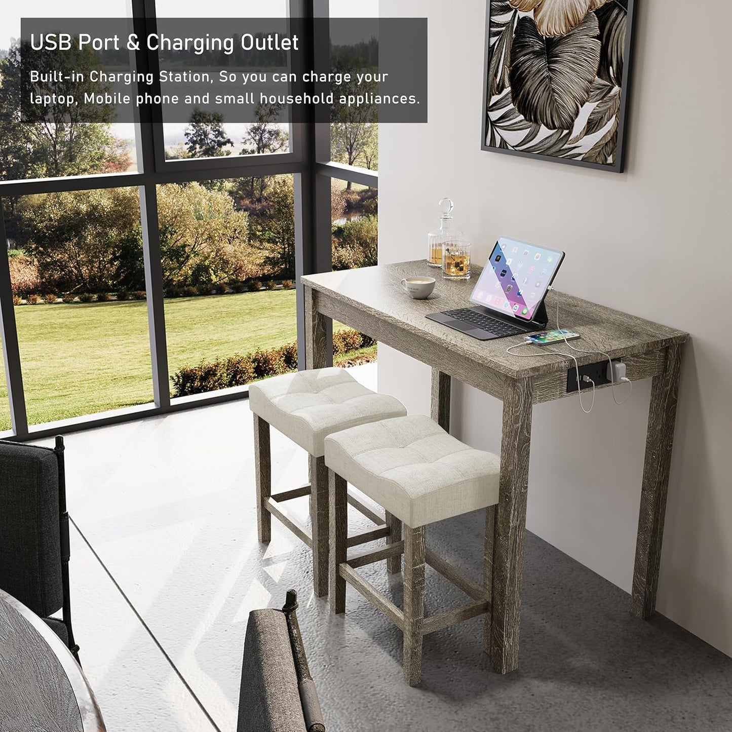3-Piece Counter Height Bar Table Set with Socket and 2 Fabric Padded Bar Stools, Tall Kitchen Breakfast Dining Table Set with Stools (1+2 Natural)