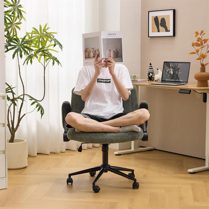 Criss Cross Chair with Adjustable Flip-Up Arms,Cross Legged Chair with Wheels, Extra Wide Office Chair,Cozy Desk Chair for Home Office, Vanity, Apartment,Chenille Velvet,Dark Green