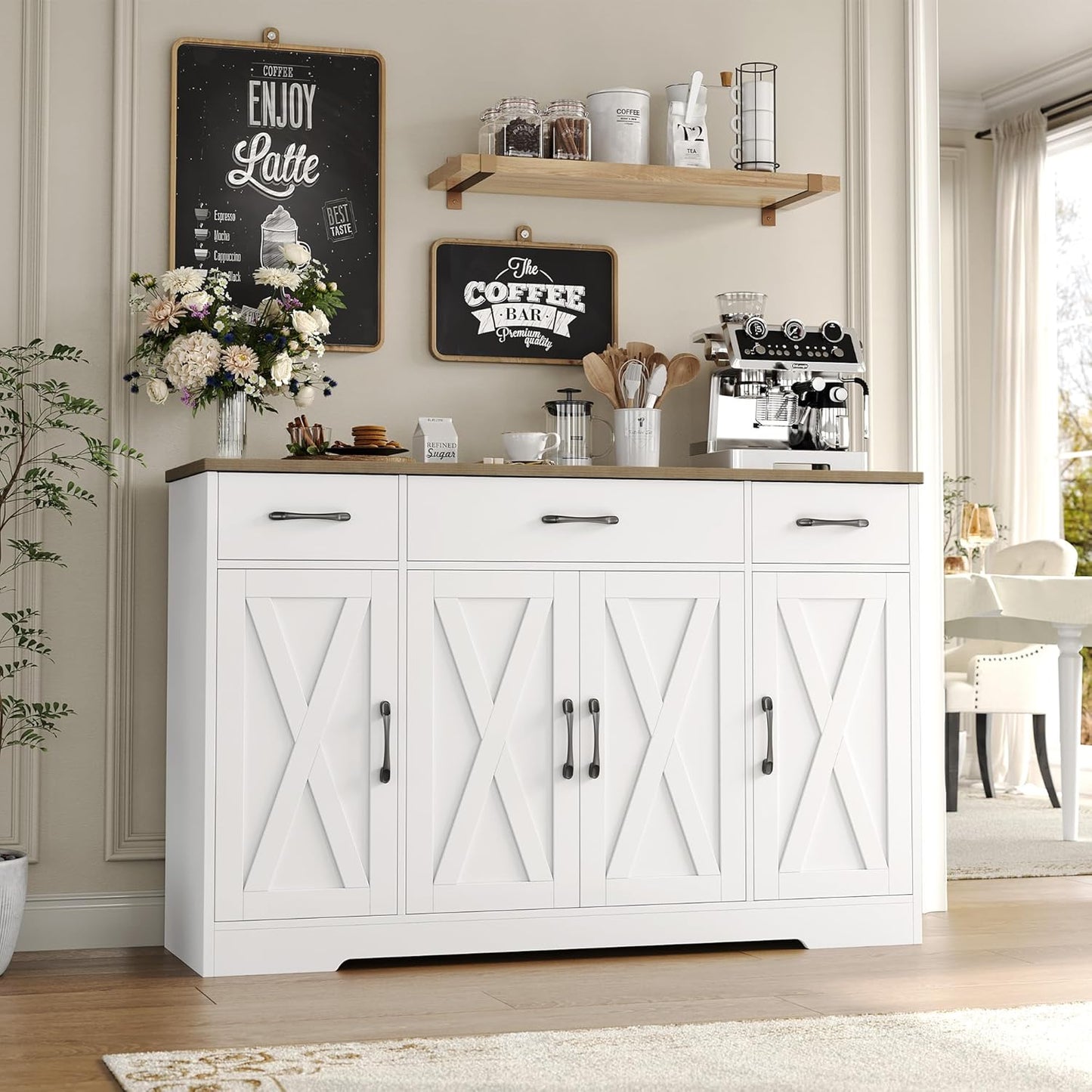 Buffet Cabinet with Drawers, 55" Large Sideboard Buffet Storage Cabinet with Shelves and Doors, Modern Farmhouse Coffee Bar Station Wood Kitchen Table for Kitchen, Dining Room, White/Rustic