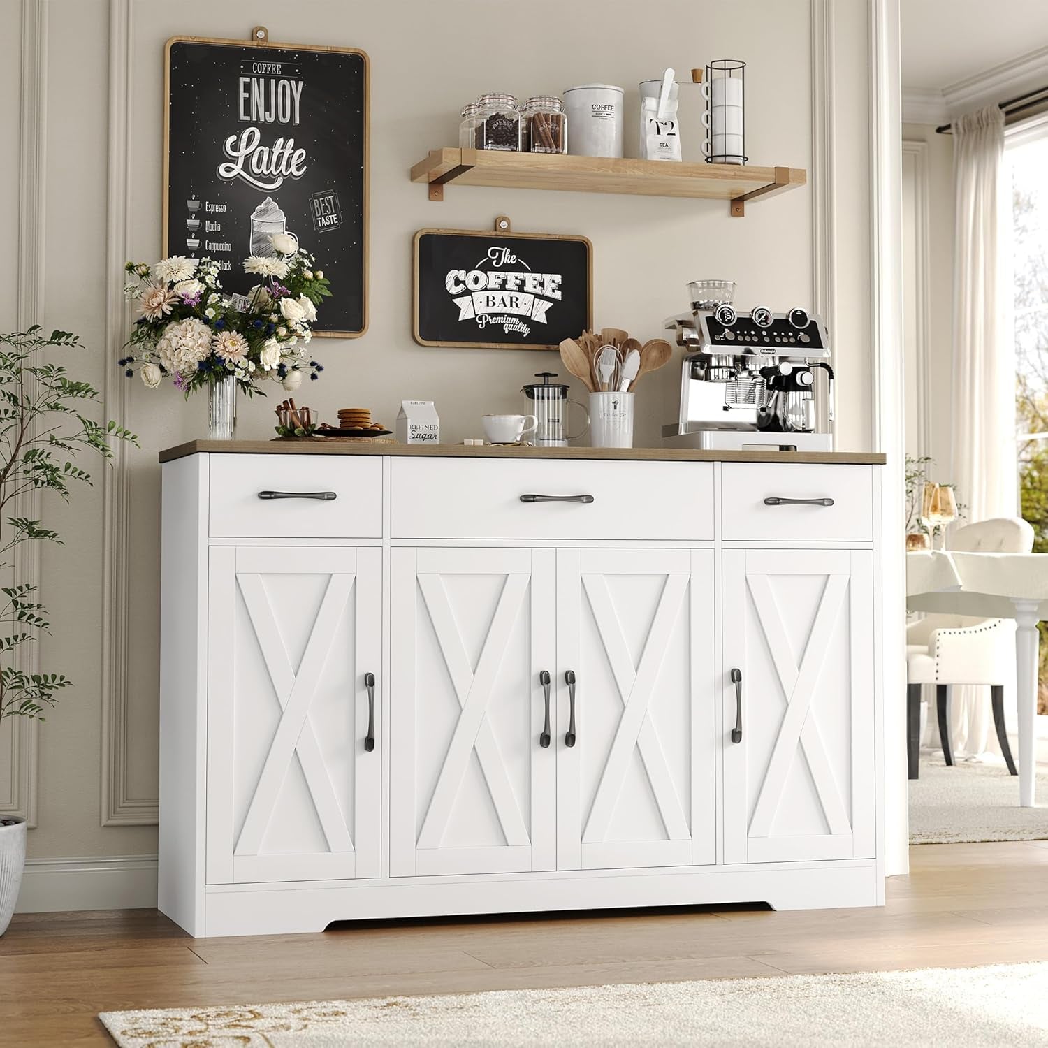 Buffet Cabinet with Drawers, 55" Large Sideboard Buffet Storage Cabinet with Shelves and Doors, Modern Farmhouse Coffee Bar Station Wood Kitchen Table for Kitchen, Dining Room, White/Rustic