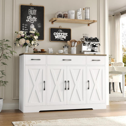 Buffet Cabinet with Drawers, 55" Large Sideboard Buffet Storage Cabinet with Shelves and Doors, Modern Farmhouse Coffee Bar Station Wood Kitchen Table for Kitchen, Dining Room, White/Rustic