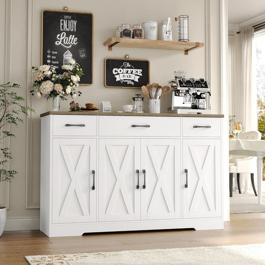 Buffet Cabinet with Drawers, 55" Large Sideboard Buffet Storage Cabinet with Shelves and Doors, Modern Farmhouse Coffee Bar Station Wood Kitchen Table for Kitchen, Dining Room, White/Rustic