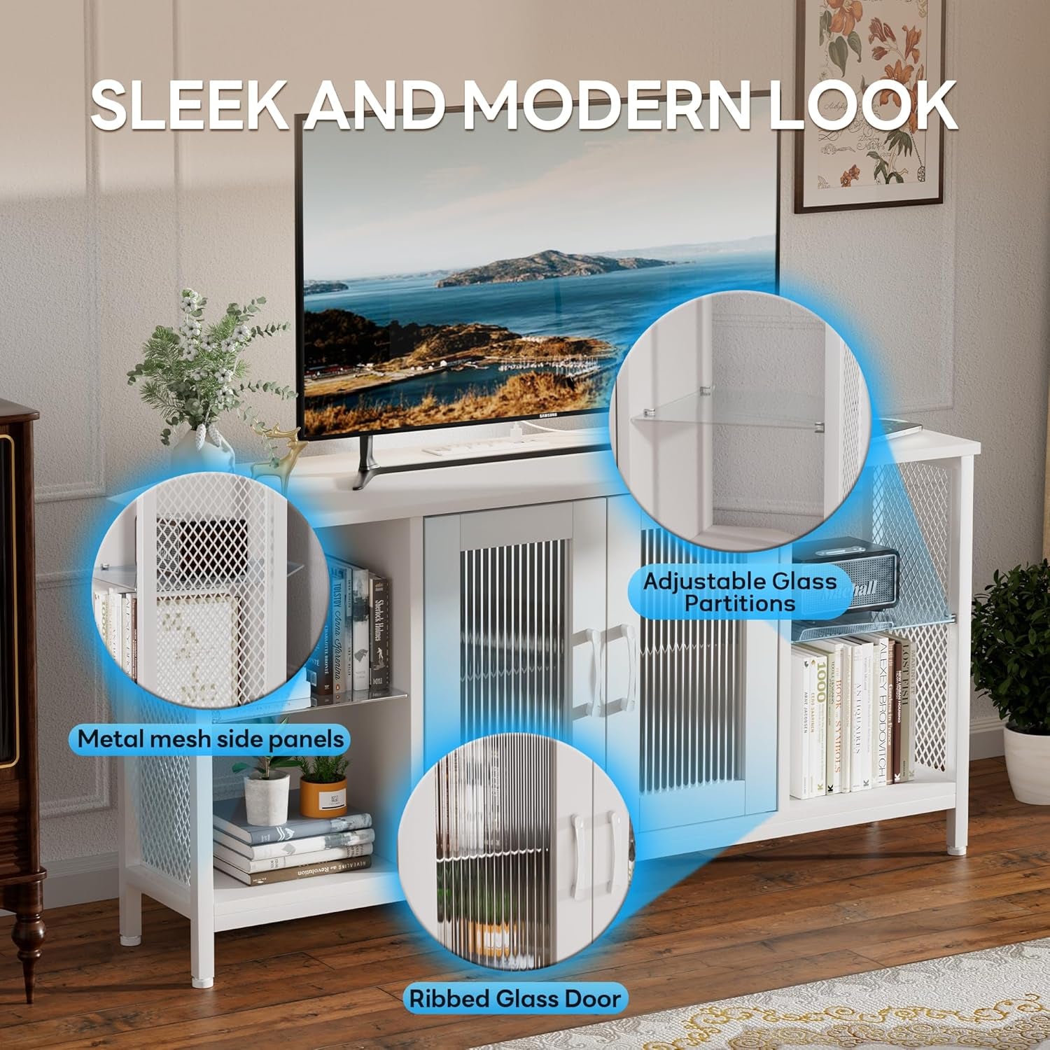 TV Stand with Glass Storage Cabinets and Power Outlet, White TV Stand for 32/45/55 Inch Tvs, Entertainment Center with LED Light for Living Room, 46Inch Small Tv Stand for Bedroom