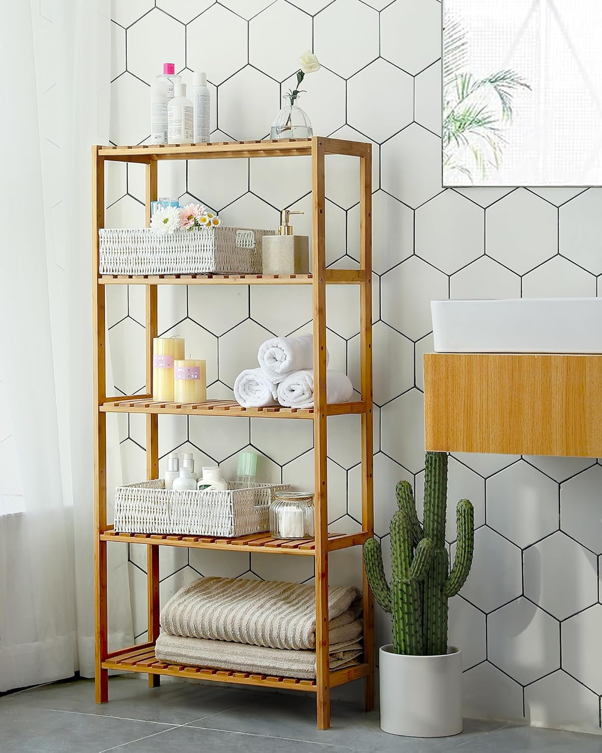 Bamboo Storage Shelf, 5-Tier Shelving Unit, Multifunctional, in the Entryway, Bathroom, Living Room, Balcony, Kitchen, 10.2 X 23.6 X 51.2 Inches, Light Bamboo UBCB35Y