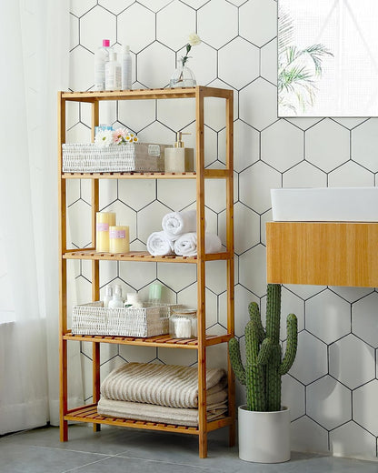 Bamboo Storage Shelf, 5-Tier Shelving Unit, Multifunctional, in the Entryway, Bathroom, Living Room, Balcony, Kitchen, 10.2 X 23.6 X 51.2 Inches, Light Bamboo UBCB35Y