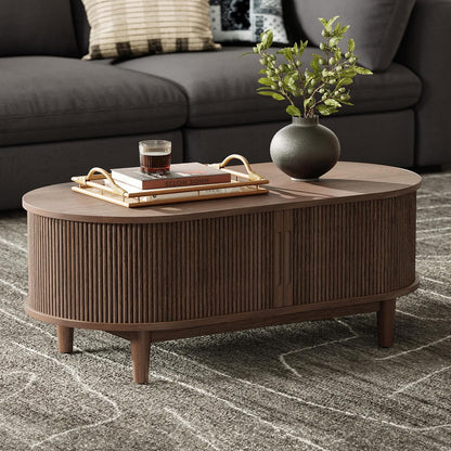 Oval Coffee Table, Wood Coffee Table with Storage, Fluted Accent Center Table with Sliding Tambour Door, 39" Mid Century Modern Coffee Tables for Living Room, Bedroom, Apartment, Walnut
