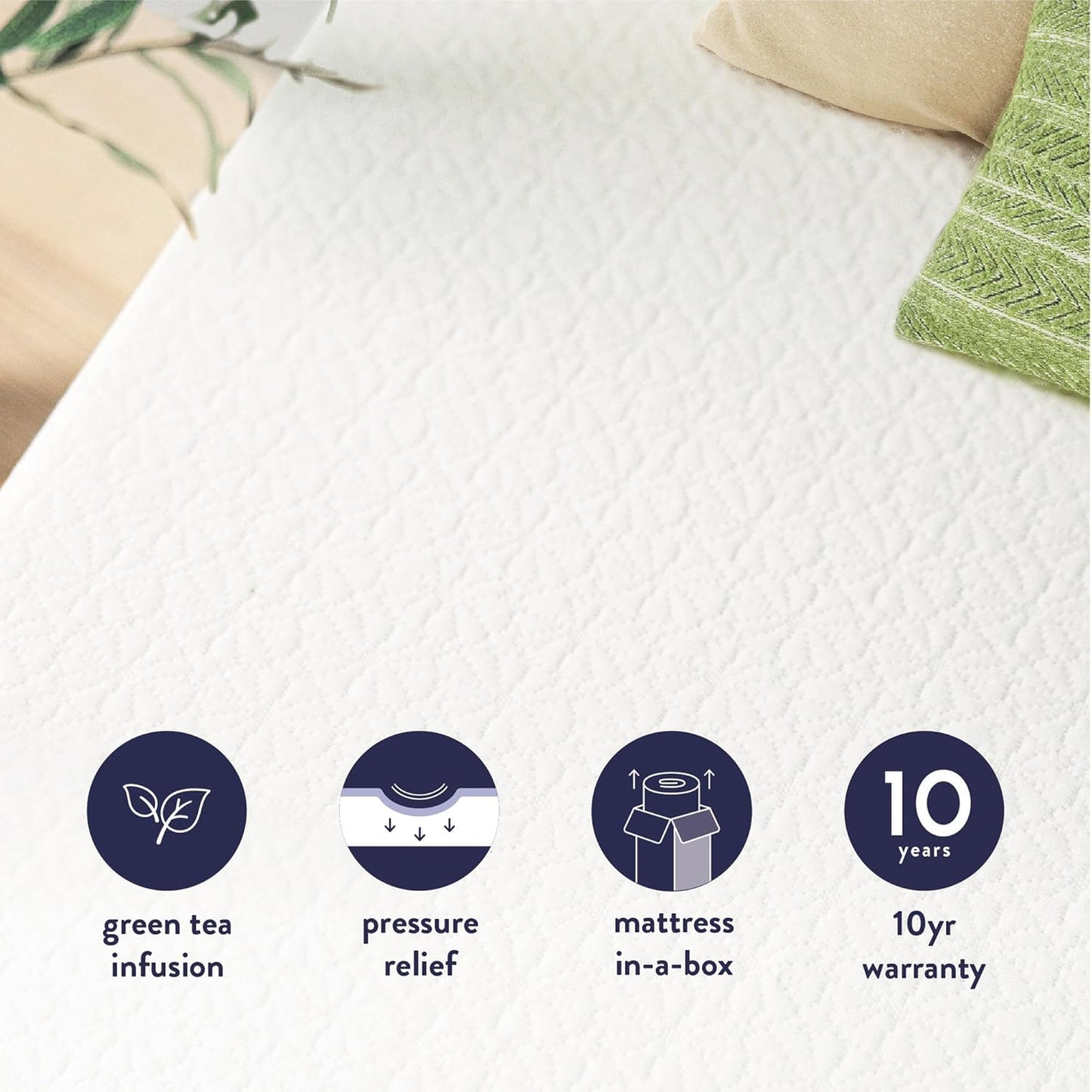 6 Inch Twin Mattress Bed-In-A-Box, Green Tea Memory Foam, White