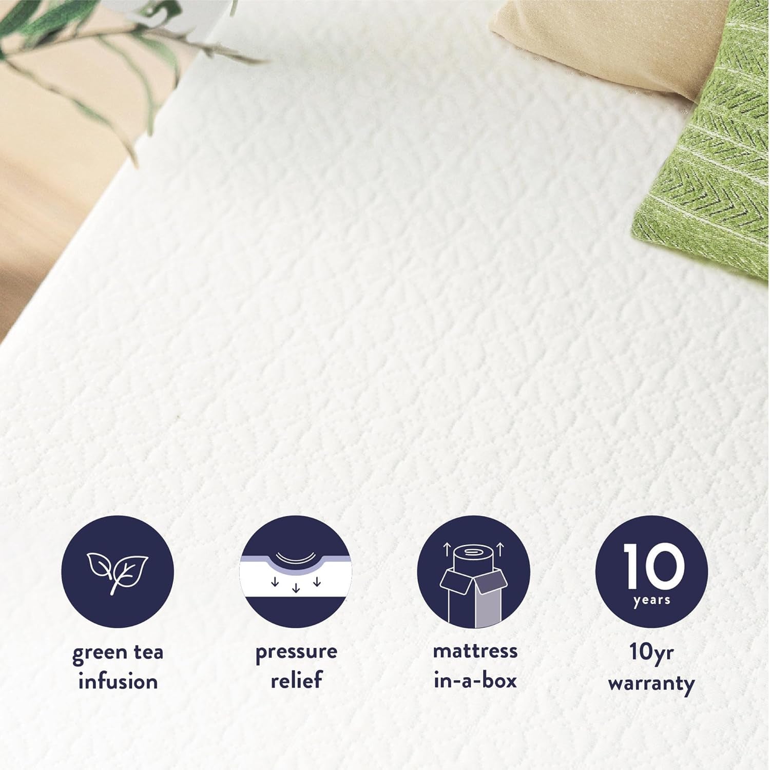 6 Inch Twin Mattress Bed-In-A-Box, Green Tea Memory Foam, White