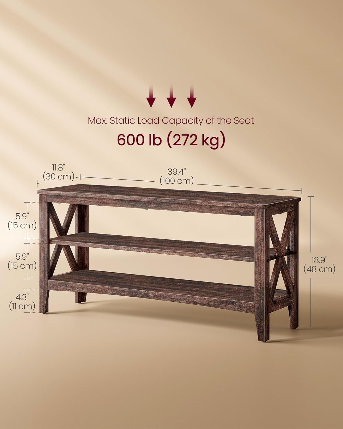 , Entryway Storage Bench, 2-Tier Shoe Rack, 11.8 X 39.4 X 18.9 Inches, Holds up to 600 Lb, Farmhouse Style, for Living Room, Bedroom, Maroon Brown ULSB153K51