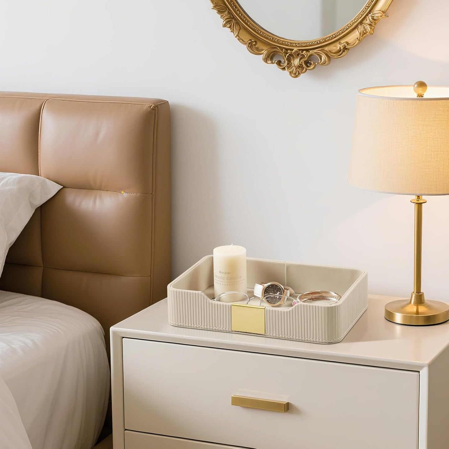 Valet Tray Desktop Storage Organizer, PU Leather Catchall Bedside Vanity Tray with Brass Accents Block Nightstand Organizer for Keys Watch Wallet Phone, Decorative Nightstand Storage (Beige)