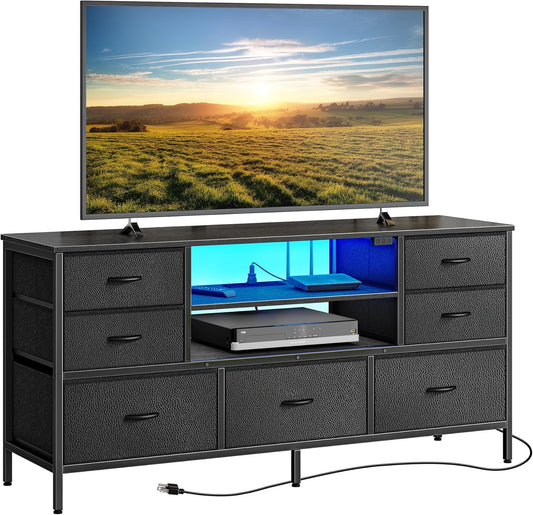 TV Stand Dresser with Power Outlets and LED Lights, 7 Drawer Console for 55 Inch TV, Black PU Leather Bedroom Dresser