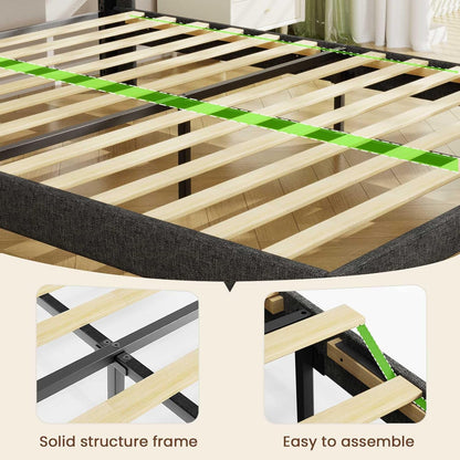 LED King Size Bed Frame with 2 Storage Drawers, Upholstered King Bed Frame with Headboard and Charging Station, No Box Spring Needed, Easy to Assembly-Dark Grey