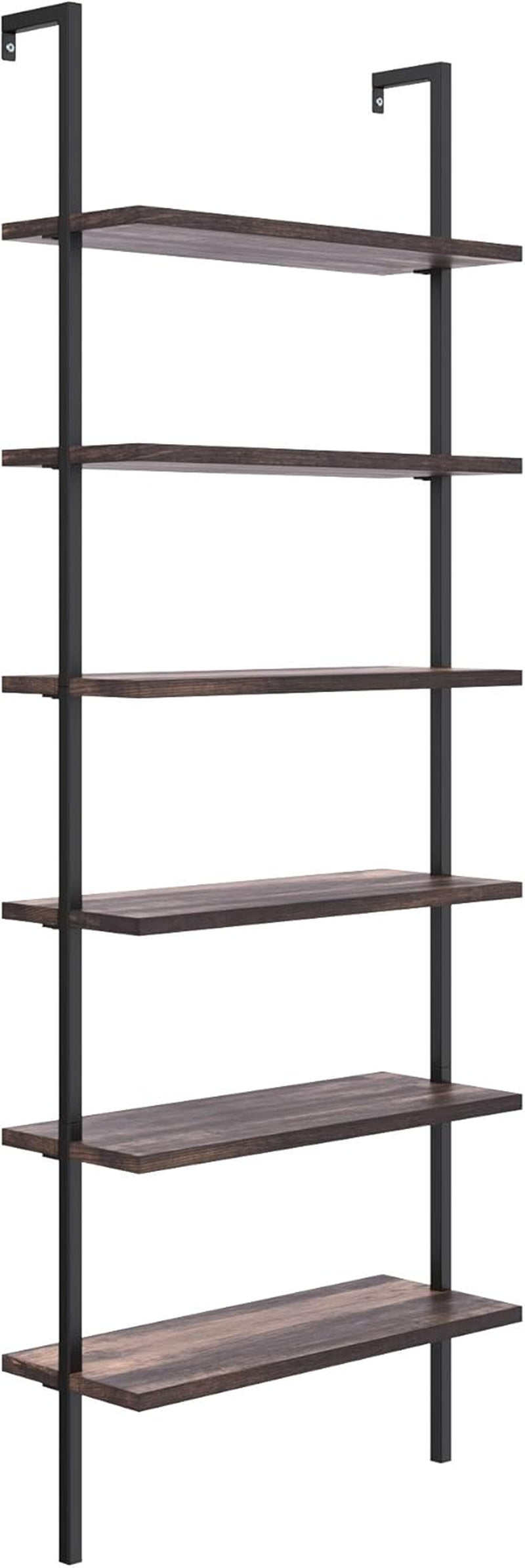 Theo 6-Shelf Tall Bookcase, Wall Mount Bookshelf with Natural Wood Finish and Industrial Metal Frame, Nutmeg/Matte Black, Set of 2