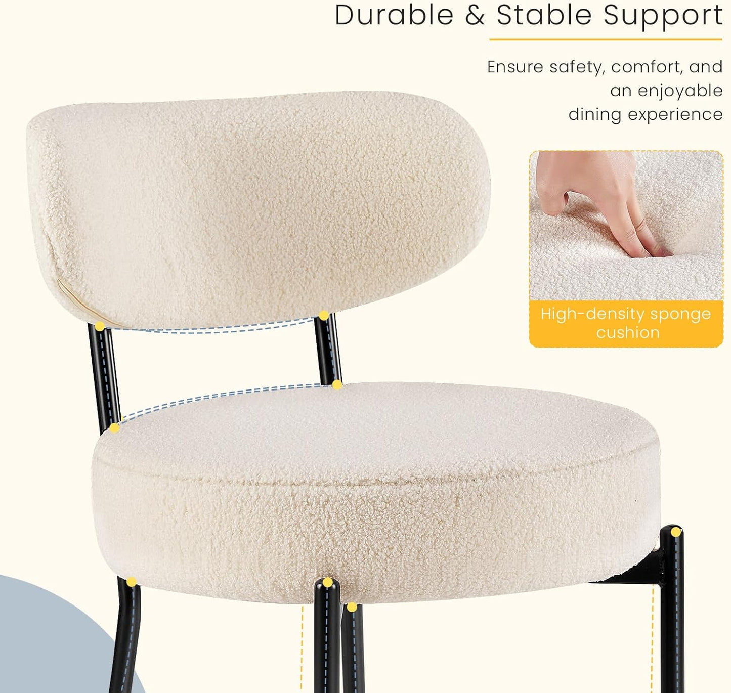 Dining Chairs Set of 4, Mid Century Modern Chair round Upholstered Curved Backrest, Kitchen Vanity Living Room Chairs with Black Metal Legs，Light Beige
